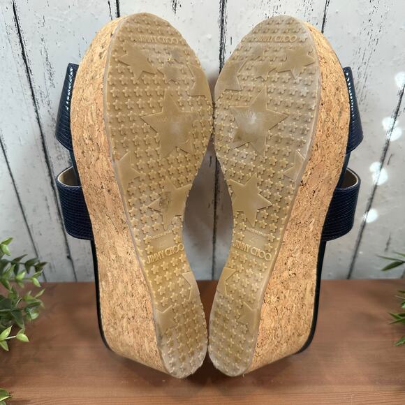 Jimmy Choo Women's Blue Embossed Leather Wedge Sandals Size 41 US 11 - Picture 9 of 10